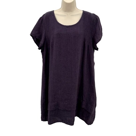 Flax Womens Eggplant 100% Linen Relaxed Scoop Neck Short Sleeve Tunic Dress M - Picture 2 of 10